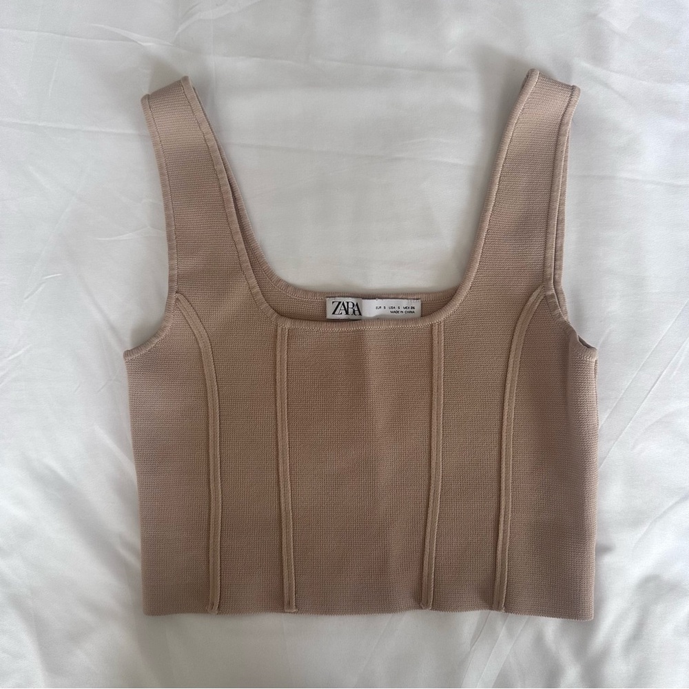 Zara Cropped Knit Tank Top Size Small Beige Minimalist Going Out Capsule Chic